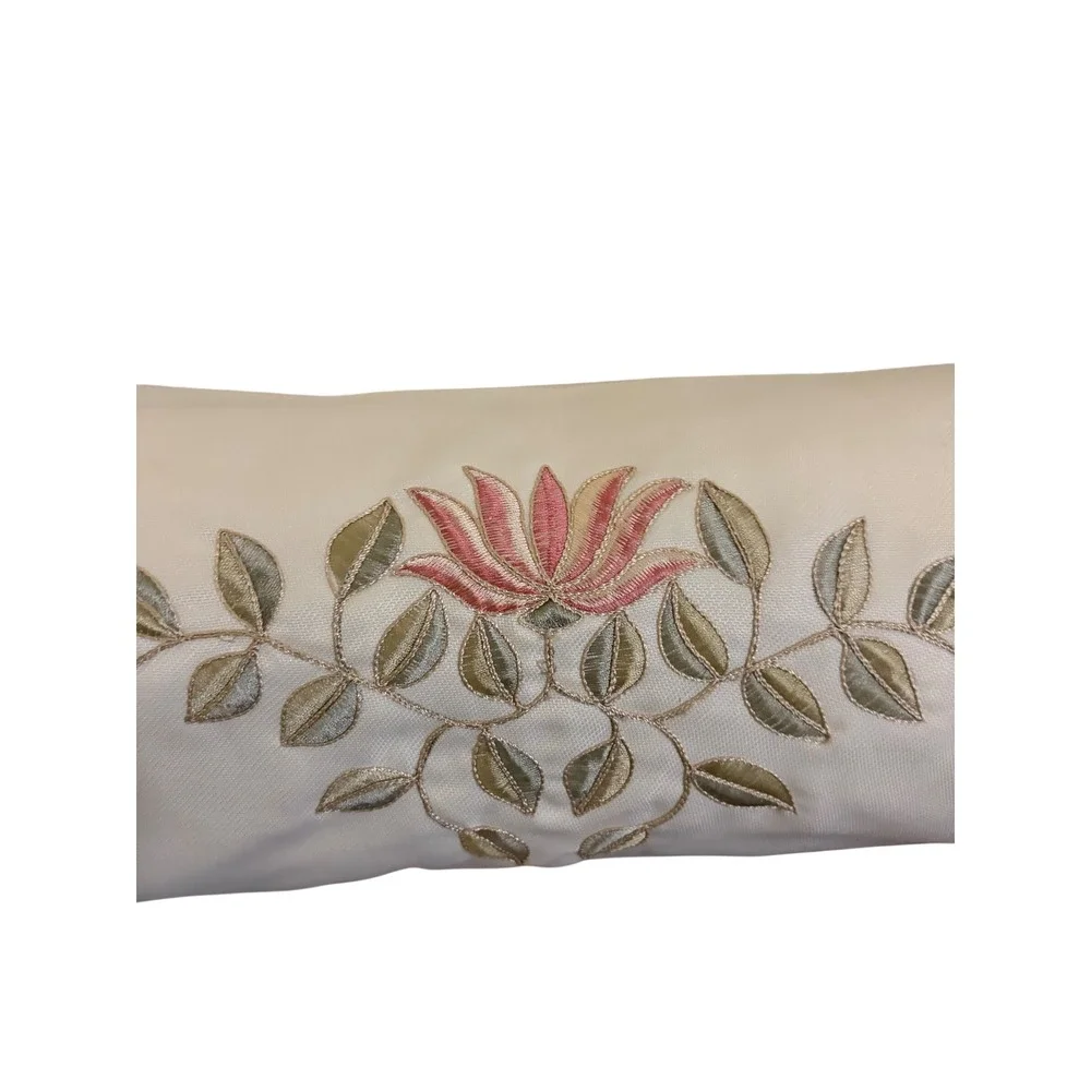 Cream Embroidered Lotus Bolster Pillow Ruffle Lace Trim Cylindrical 22in cottage